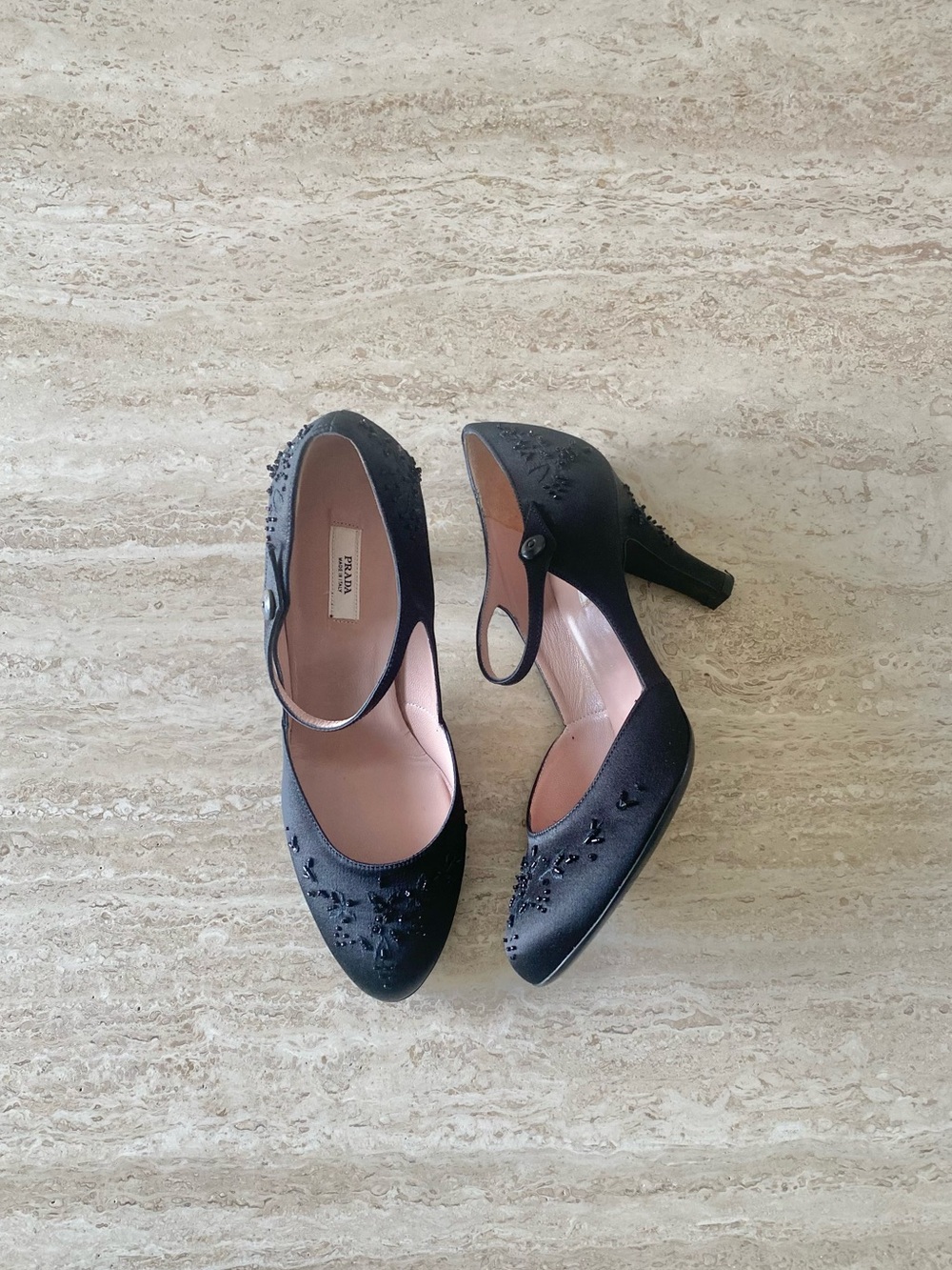 Vintage Prada Satin Beaded Mary Jane Round Toe Pumps